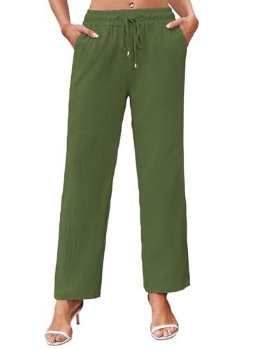 Leinenhose Damen Leichte Sommerhose Damen Luftig Strandhose Damen Lang Freizeithose Schlupfhose Stoffhose Damen Sommer Hose Hohe Taille Kordelzug Casual Elegant Leinen Pants S-XXL Grün L von outfit spring
