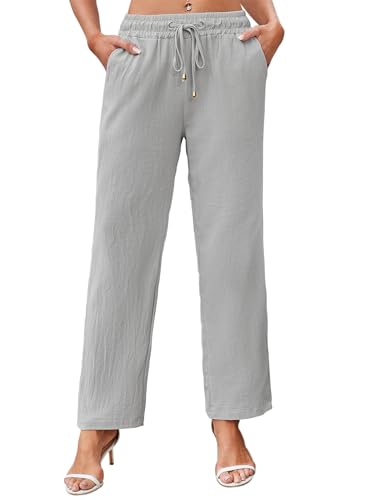 Leinenhose Damen Leichte Sommerhose Damen Luftig Strandhose Damen Lang Freizeithose Schlupfhose Stoffhose Damen Sommer Hose Hohe Taille Kordelzug Casual Elegant Leinen Pants S-XXL Hellgrau XL von outfit spring