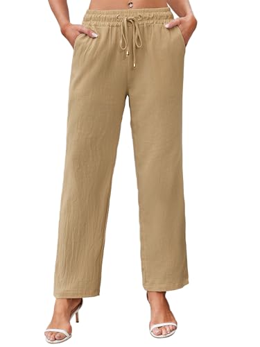 Leinenhose Damen Leichte Sommerhose Damen Luftig Strandhose Damen Lang Freizeithose Schlupfhose Stoffhose Damen Sommer Hose Hohe Taille Kordelzug Casual Elegant Leinen Pants S-XXL Khaki XXL von outfit spring