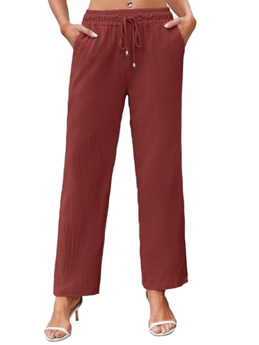 Leinenhose Damen Leichte Sommerhose Damen Luftig Strandhose Damen Lang Freizeithose Schlupfhose Stoffhose Damen Sommer Hose Hohe Taille Kordelzug Casual Elegant Leinen Pants S-XXL Rotwein M von outfit spring