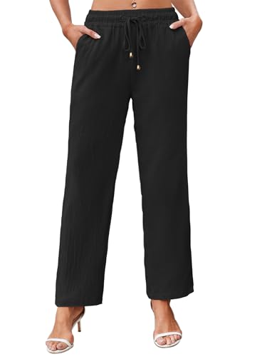 Leinenhose Damen Leichte Sommerhose Damen Luftig Strandhose Damen Lang Freizeithose Schlupfhose Stoffhose Damen Sommer Hose Hohe Taille Kordelzug Casual Elegant Leinen Pants S-XXL Schwarz S von outfit spring