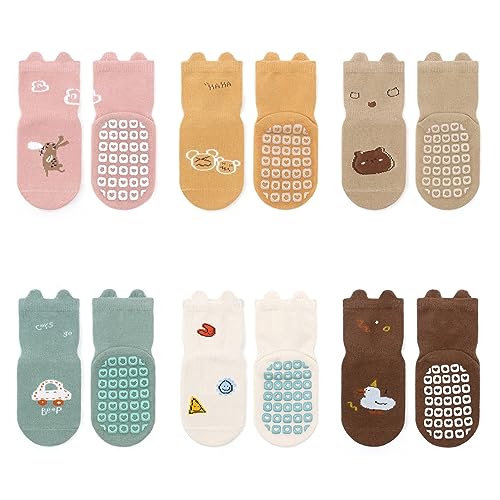 outfit spring Anti Rutsch Socken Baby, Rutschfeste ABS Socken Kinder, Neugeborene Baumwolle Stoppersocken Antirutschsocken Krabbelsocken zur Geburt Mädchen Jungen Geschenk 1-3 Jahre Normal F 6Paar von outfit spring