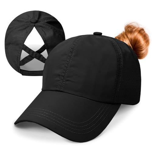 Baseball Cap Damen Kappe Sommer Basecap Pferdeschwanz, Verstellbar Frauen Ponytail Cap Baseballmütze Mesh Atmungsaktiv Sonnenhut Freizeit Kappe mit Zopfloch Outdoor Sports Kreuz Schwarz von outfit spring