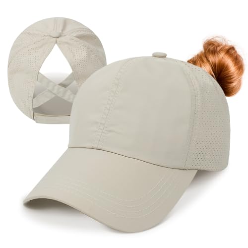 Baseball Cap Damen Kappe Sommer Basecap Pferdeschwanz, Verstellbar Frauen Ponytail Cap Baseballmütze Mesh Atmungsaktiv Sonnenhut Freizeit Kappe mit Zopfloch Outdoor Sports Kreuz Khaki von outfit spring