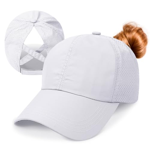 Baseball Cap Damen Kappe Sommer Basecap Pferdeschwanz, Verstellbar Frauen Ponytail Cap Baseballmütze Mesh Atmungsaktiv Sonnenhut Freizeit Kappe mit Zopfloch Outdoor Sports Kreuz Weiß von outfit spring