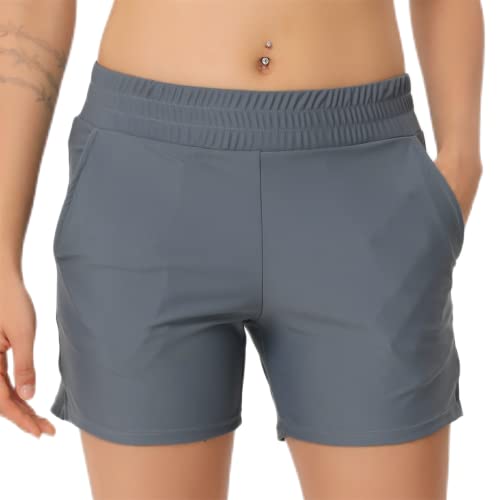 outfit spring Damen Badeshorts Badehose Kurze Schnell Trocknend Boardshorts Hohe Taille Gummibund Schwimmshorts Schwimmhose Bikinihose mit Taschen für Sommer Strand Wassersport L Freizeit Gery von outfit spring