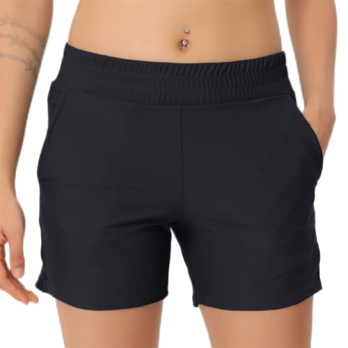 outfit spring Damen Badeshorts Badehose Kurze Schnell Trocknend Boardshorts Hohe Taille Gummibund Schwimmshorts Schwimmhose Bikinihose mit Taschen für Sommer Strand Wassersport L Freizeit Schwarz von outfit spring