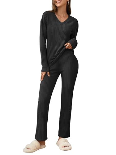 outfit spring Damen Schlafanzug Set Winter V-Ausschnitt Langarm Langhose Hausanzug Rippstrick Pyjama Homewear Lounge Set Baumwolle M Schwarz von outfit spring