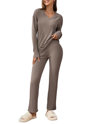 outfit spring Damen Schlafanzug Set Winter V-Ausschnitt Langarm Langhose Hausanzug Rippstrick Pyjama Homewear Lounge Set Baumwolle S Braun von outfit spring