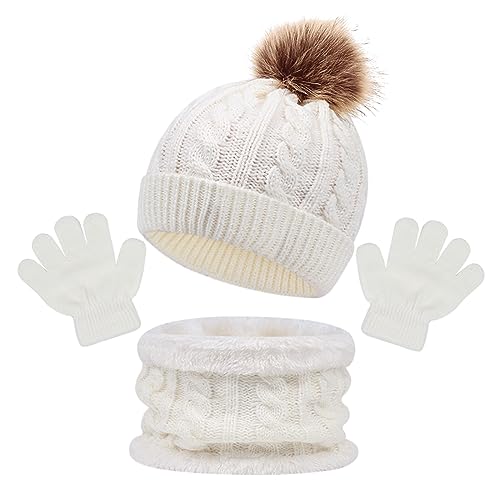 outfit spring Kinder Wintermütze Schal Handschuhe 3PC Set, Warme Winter Bommel Strickmütze Beanie Weich Dicke Fleece Futter Loopschal Kinderhandschuh Set für Mädchen Jungen Kind Geschenke (Pom Weiß) von outfit spring