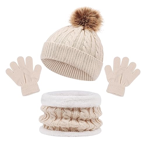 outfit spring Kinder Wintermütze Schal Handschuhe 3PC Set, Warme Winter Bommel Strickmütze Beanie Weich Dicke Fleece Futter Loopschal Kinderhandschuh Set für Mädchen Jungen Kind Geschenke (Pom Khaki) von outfit spring