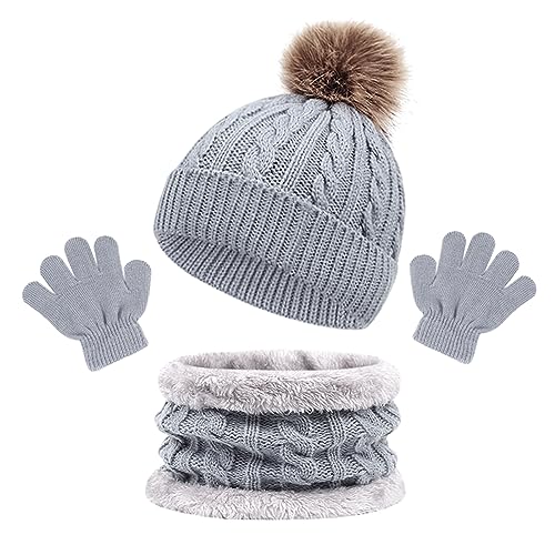 outfit spring Kinder Wintermütze Schal Handschuhe 3PC Set, Warme Winter Bommel Strickmütze Beanie Weich Dicke Fleece Futter Loopschal Kinderhandschuh Set für Mädchen Jungen Kind Geschenke (Pom Grau) von outfit spring