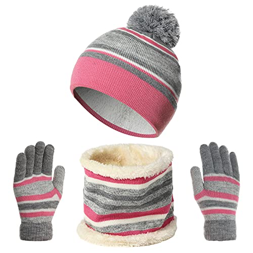 outfit spring Kinder Wintermütze Schal Handschuhe 3PC Set, Warme Winter Bommel Strickmütze Beanie Weich Dicke Fleece Futter Loopschal Kinderhandschuh Set für Mädchen Jungen Kind von outfit spring