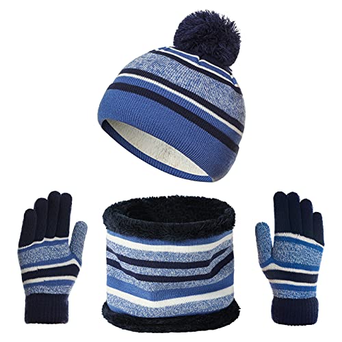 outfit spring Kinder Wintermütze Schal Handschuhe 3PC Set, Warme Winter Bommel Strickmütze Beanie Weich Dicke Fleece Futter Loopschal Kinderhandschuh Set für Mädchen Jungen Kind von outfit spring