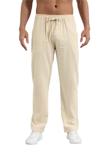 outfit spring Leinenhose Herren Lang Herren Sommerhose Dünne Leinen Hose Männer Slim Fit Leichte Hose Sommer Freizeithose Herren Kordelzug Bequem Strandhose für Urlaub Alltag S-XXXL Beige XL von outfit spring