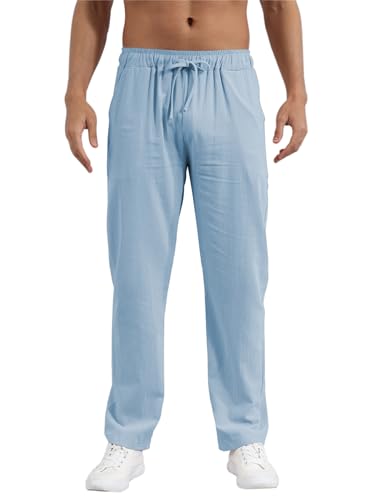 outfit spring Leinenhose Herren Lang Herren Sommerhose Dünne Leinen Hose Männer Slim Fit Leichte Hose Sommer Freizeithose Herren Kordelzug Bequem Strandhose für Urlaub Alltag S-XXXL Blau 3XL von outfit spring