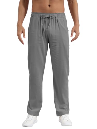 outfit spring Leinenhose Herren Lang Herren Sommerhose Dünne Leinen Hose Männer Slim Fit Leichte Hose Sommer Freizeithose Herren Kordelzug Bequem Strandhose für Urlaub Alltag S-XXXL Grau XXL von outfit spring