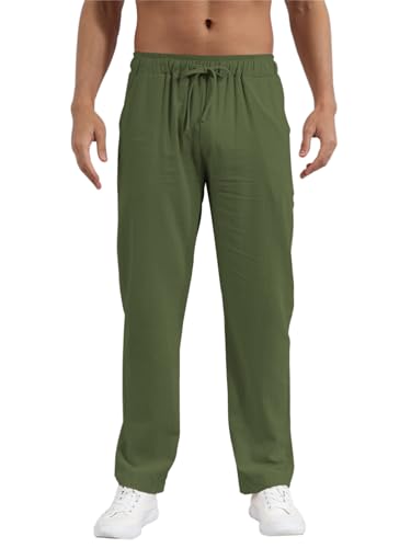 outfit spring Leinenhose Herren Lang Herren Sommerhose Dünne Leinen Hose Männer Slim Fit Leichte Hose Sommer Freizeithose Herren Kordelzug Bequem Strandhose für Urlaub Alltag S-XXXL Grün 3XL von outfit spring