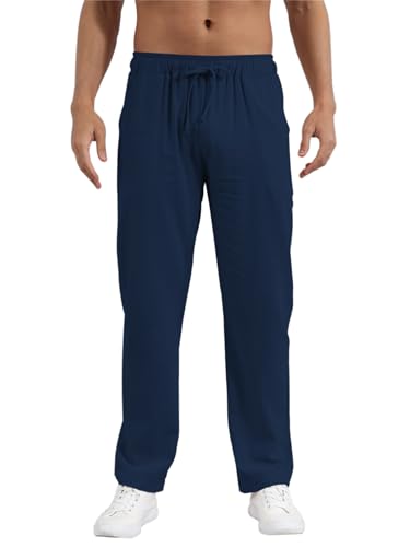 outfit spring Leinenhose Herren Lang Herren Sommerhose Dünne Leinen Hose Männer Slim Fit Leichte Hose Sommer Freizeithose Herren Kordelzug Bequem Strandhose für Urlaub Alltag S-XXXL Marine M von outfit spring