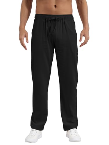 outfit spring Leinenhose Herren Lang Herren Sommerhose Dünne Leinen Hose Männer Slim Fit Leichte Hose Sommer Freizeithose Herren Kordelzug Bequem Strandhose für Urlaub Alltag S-XXXL Schwarz M von outfit spring