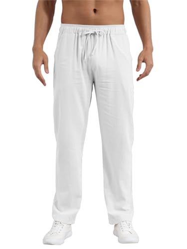 outfit spring Leinenhose Herren Lang Herren Sommerhose Dünne Leinen Hose Männer Slim Fit Leichte Hose Sommer Freizeithose Herren Kordelzug Bequem Strandhose für Urlaub Alltag S-XXXL Weiß M von outfit spring