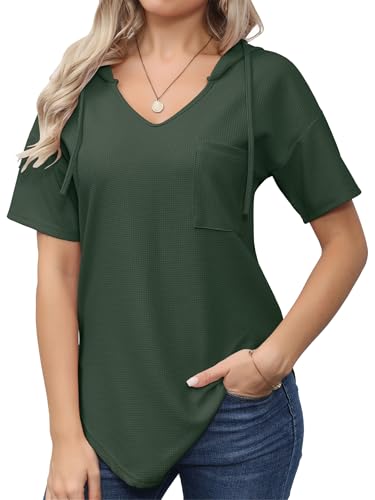 outfit spring Pullover Damen Sommer Hoodie Damen Sweatshirt Kurzarm Shirt V Ausschnitt Casual Kapuzen Pulli Damen Kapuzenpullover Oberteile Tops S-XXL Dunkelgrün L von outfit spring