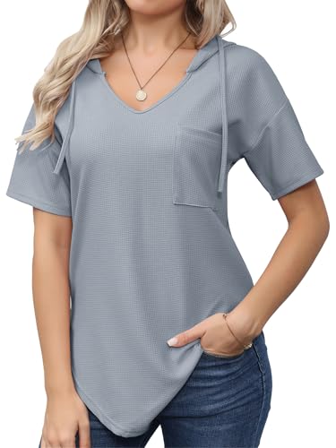 outfit spring Pullover Damen Sommer Hoodie Damen Sweatshirt Kurzarm Shirt V Ausschnitt Casual Kapuzen Pulli Damen Kapuzenpullover Oberteile Tops S-XXL Grau M von outfit spring