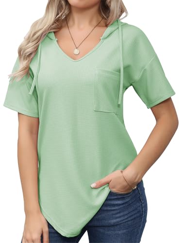 outfit spring Pullover Damen Sommer Hoodie Damen Sweatshirt Kurzarm Shirt V Ausschnitt Casual Kapuzen Pulli Damen Kapuzenpullover Oberteile Tops S-XXL Grün M von outfit spring