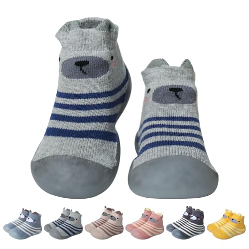 outfit spring Sockenschuhe Baby Krabbelschuhe Barfußschuhe Kinder rutschfeste Weicher Stricken Lauflernschuhe Mädchen Jungen Niedliche Cartoon Gummisohle Lauflerner Babyschuhe 6-9 Monate Bär Grau von outfit spring