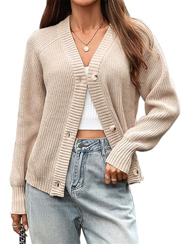 outfit spring Strickjacke Damen Grobstrick Langarm Weiche Cardigan Offen mit V-Ausschnitt Lockerer Kuscheliger Strickmantel für Herbst Winter Casual L Beige von outfit spring