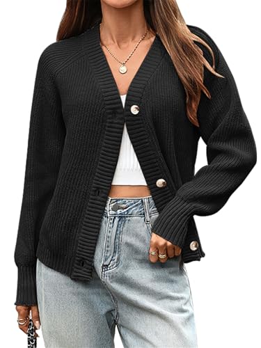 outfit spring Strickjacke Damen Grobstrick Langarm Weiche Cardigan Offen mit V-Ausschnitt Lockerer Kuscheliger Strickmantel für Herbst Winter Casual S Schwarz von outfit spring