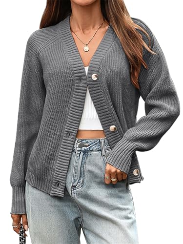 outfit spring Strickjacke Damen Grobstrick Langarm Weiche Cardigan Offen mit V-Ausschnitt Lockerer Kuscheliger Strickmantel für Herbst Winter Casual XL Grau von outfit spring
