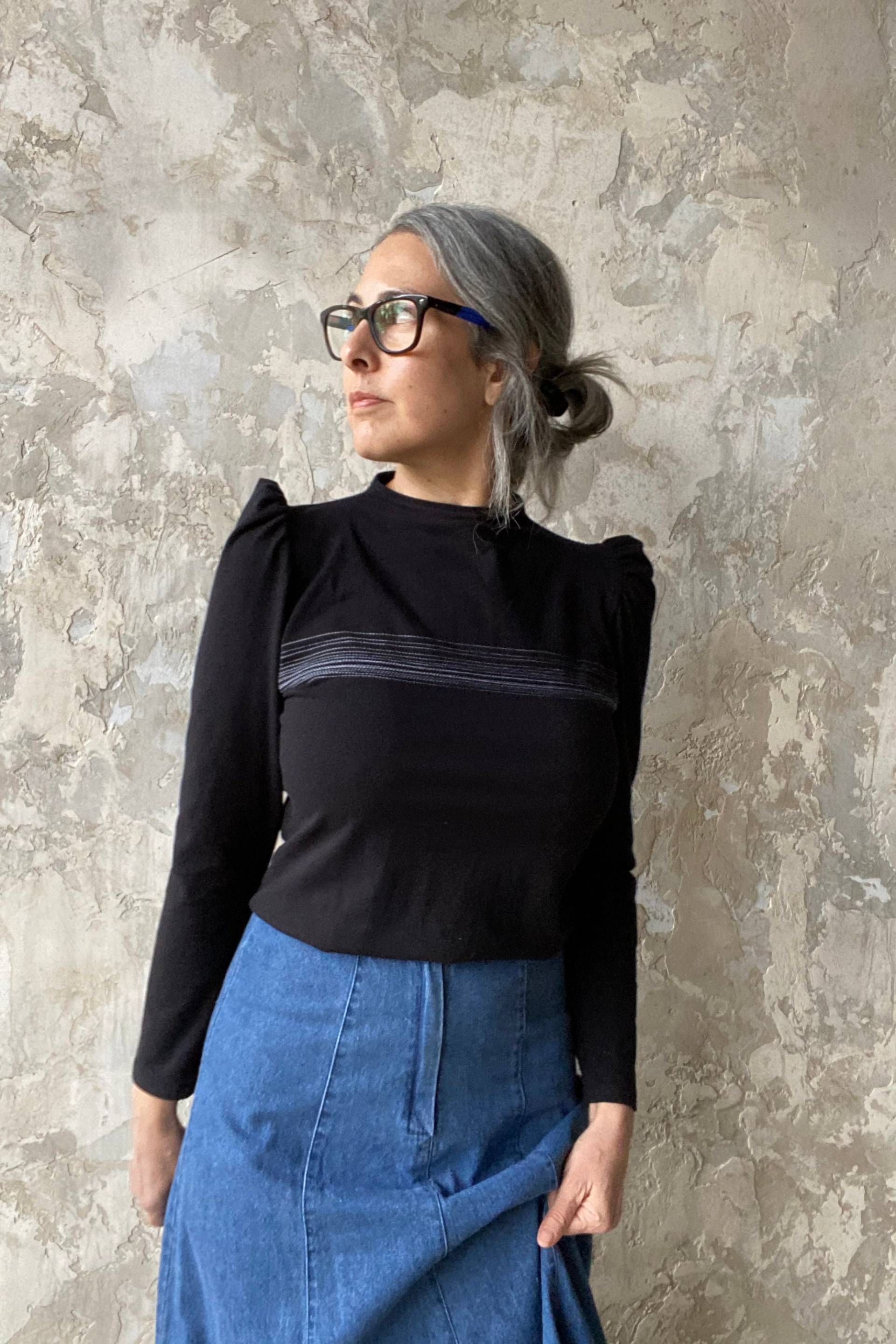 Hohe Puffärmel Top Mit Linien, Stehkragen, Baumwoll Jersey - Auf Bestellung von outofline