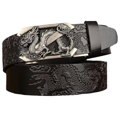 ouxei Ratschengürtel Aus Echtem Leder Mit Automatischer Drachenschnalle – 1 3/8 Zoll Verstellbarer Hüftgurt Mit Drachengravur Und Prägung(Black a,110cm/43) von ouxei