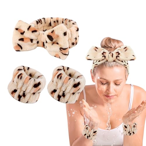 OWITER Hautpflege-Stirnband und Armbänder, Make-up-Stirnband, Handgelenkbänder für Gesichtswäsche, Spa, Armband-Set, Gesichtswäsche (Leopard, 1) von owiter