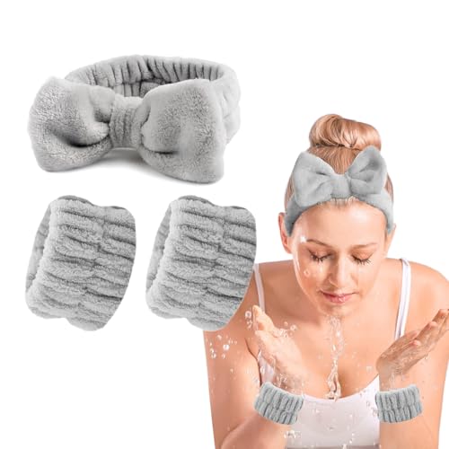 OWITER Hautpflege-Stirnband und -Armbänder, Make-up-Stirnband, Handgelenkbänder für Gesichtswäsche, Spa, Stirnband und Armband, Set Gesichtswäsche (Grau, 1) von owiter