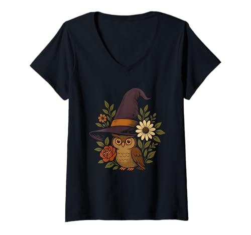 Damen Eule mit Hexenhut und Blumen T-Shirt mit V-Ausschnitt Damen Eule mit Hexenhut und Blumen T-Shirt mit V-Ausschnitt von owl witch hat flowers autumn forest halloween