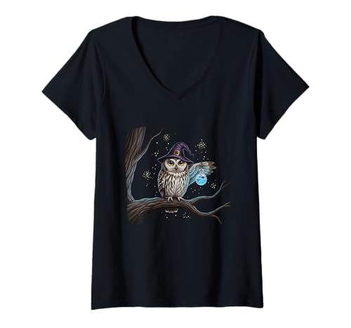 Damen Zauberer-Eule mit Zaubertrank T-Shirt mit V-Ausschnitt Damen Zauberer-Eule mit Zaubertrank T-Shirt mit V-Ausschnitt von owl witch potion stars magic haunted ghost cobweb