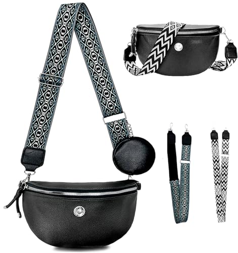 owlfun crossbody bag damen gürteltasche breiter gurt，stylish umhängetasche damen klein，leder tasche mit breitem schultergurt，Großes bauchtasche damen bodybag，Kartenetui brusttasche bag (Schwarz) von owlfun