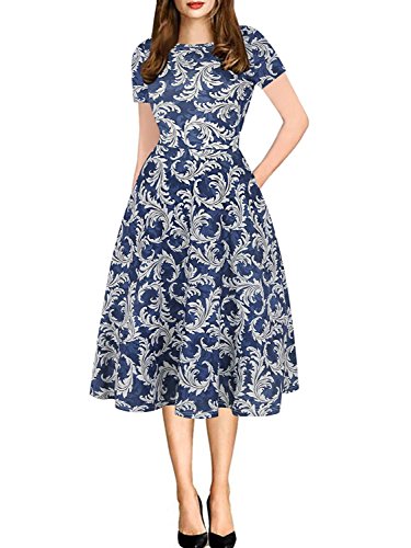 oxiuly Damen Casual Kleid Rundhals Weiche Baumwolle Floral A-Linie Midi-Sommerkleider mit Taschen OX262, blau, Klein von oxiuly