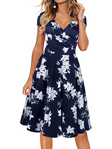 oxiuly Damen Casual Kleider Criss-Cross V-Ausschnitt Floral Flare Midi Sommerkleid OX233, Blau Xianfloral, Mittel von oxiuly