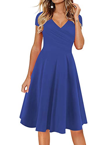 oxiuly Damen Casual Kleider Criss-Cross V-Ausschnitt Floral Flare Midi Sommerkleid OX233, Blau massiv, X-Groß von oxiuly