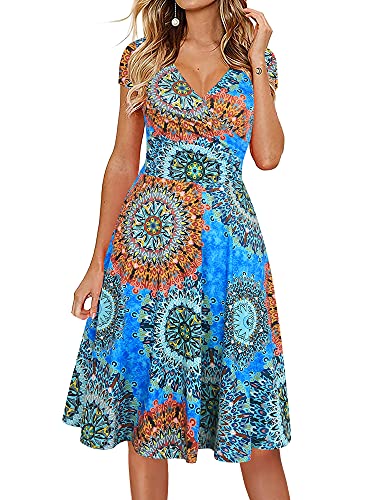 oxiuly Damen Casual Kleider Criss-Cross V-Ausschnitt Floral Flare Midi Sommerkleid OX233, Blue Sunf, Klein von oxiuly