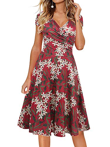 oxiuly Damen Casual Kleider Criss-Cross V-Ausschnitt Floral Flare Midi Sommerkleid OX233, Burgunderrot F, Klein von oxiuly