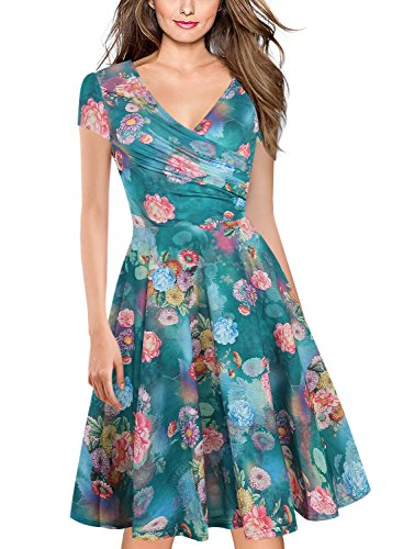 oxiuly Damen Casual Kleider Criss-Cross V-Ausschnitt Floral Flare Midi Sommerkleid OX233, Grün , Klein von oxiuly