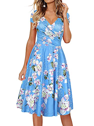 oxiuly Damen Casual Kleider Criss-Cross V-Ausschnitt Floral Flare Midi Sommerkleid OX233, Himmelblau F, X-Groß von oxiuly