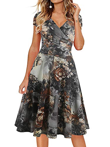 oxiuly Damen Casual Kleider Criss-Cross V-Ausschnitt Floral Flare Midi Sommerkleid OX233, Kaffee-Blumenmuster, X-Groß von oxiuly