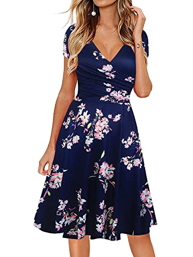 oxiuly Damen Casual Kleider Criss-Cross V-Ausschnitt Floral Flare Midi Sommerkleid OX233, Nb Pinkf, XX-Large von oxiuly