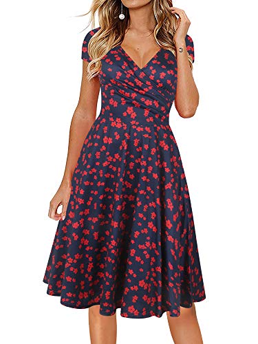 oxiuly Damen Casual Kleider Criss-Cross V-Ausschnitt Floral Flare Midi Sommerkleid OX233, Rot/Blumenmuster, Groß von oxiuly