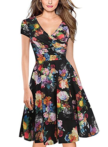 oxiuly Damen Casual Kleider Criss-Cross V-Ausschnitt Floral Flare Midi Sommerkleid OX233, Schwarz, X-Groß von oxiuly